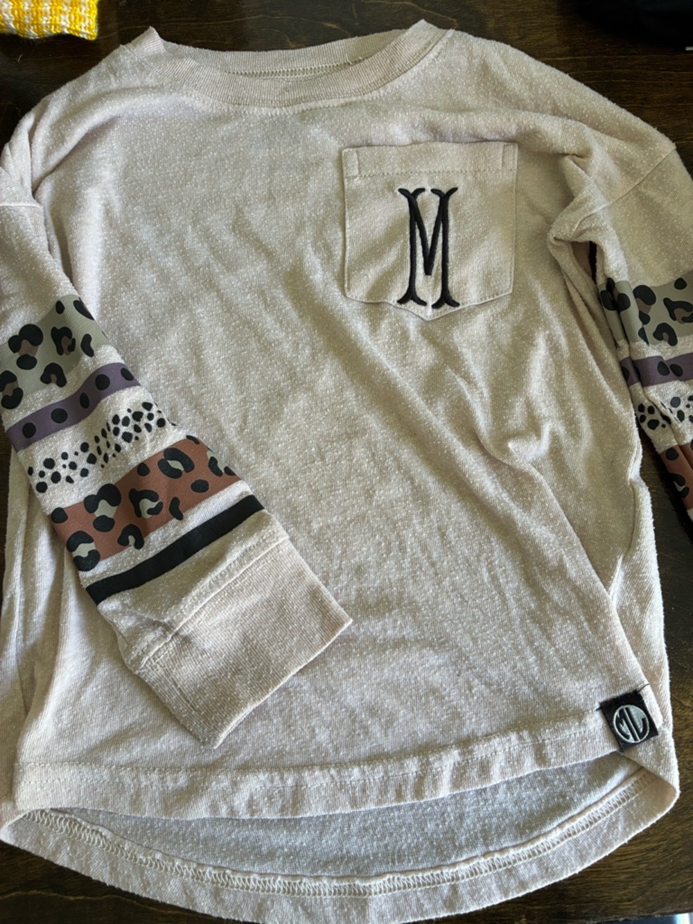 Girls' Pale Pink Long Sleeve Top with Patterned Stripe Sleeves